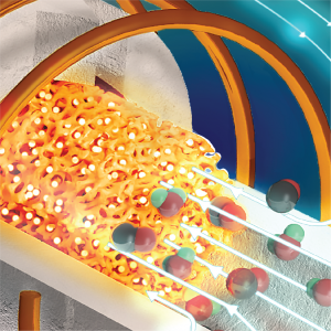 graphic showing glowing hot reactor internal and electric fields in a thermochemical reactor